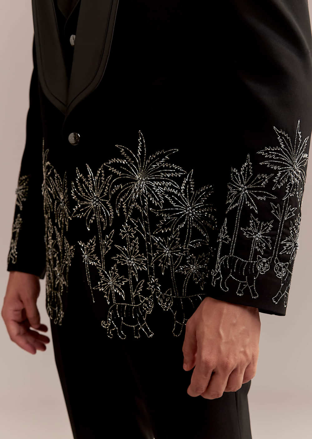Black Tuxedo For Men With Silver Palm And Tiger Embroidery