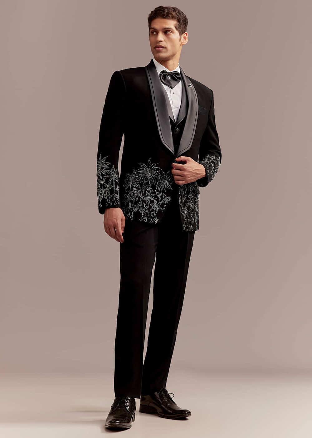 Black Tuxedo For Men With Silver Palm And Tiger Embroidery