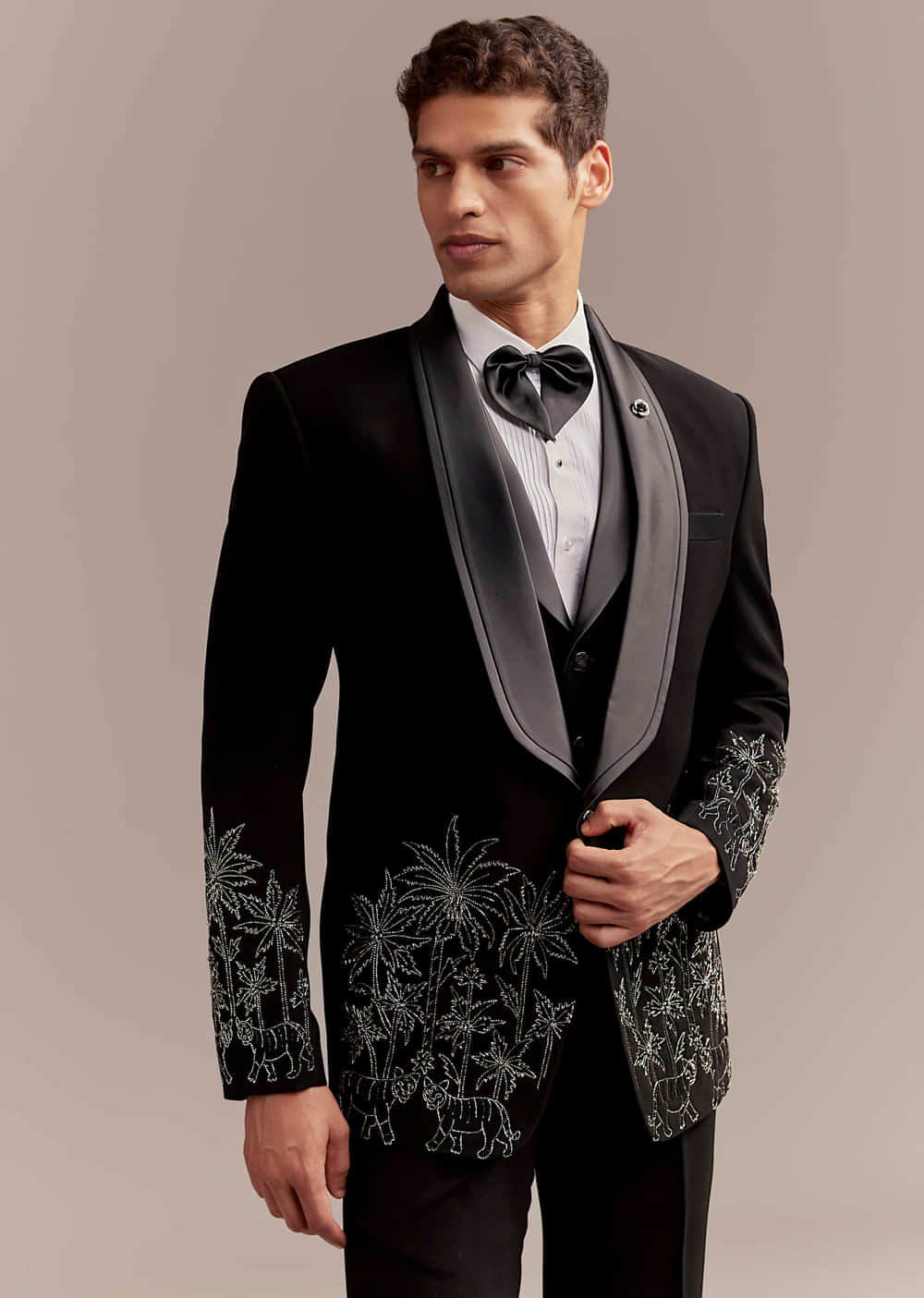 Black Tuxedo For Men With Silver Palm And Tiger Embroidery