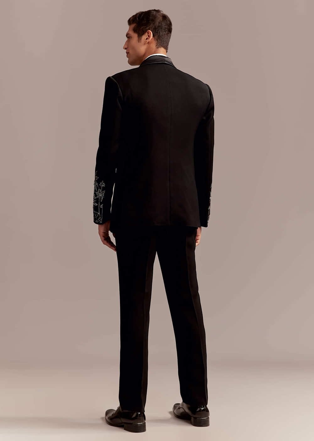 Black Tuxedo For Men With Silver Palm And Tiger Embroidery
