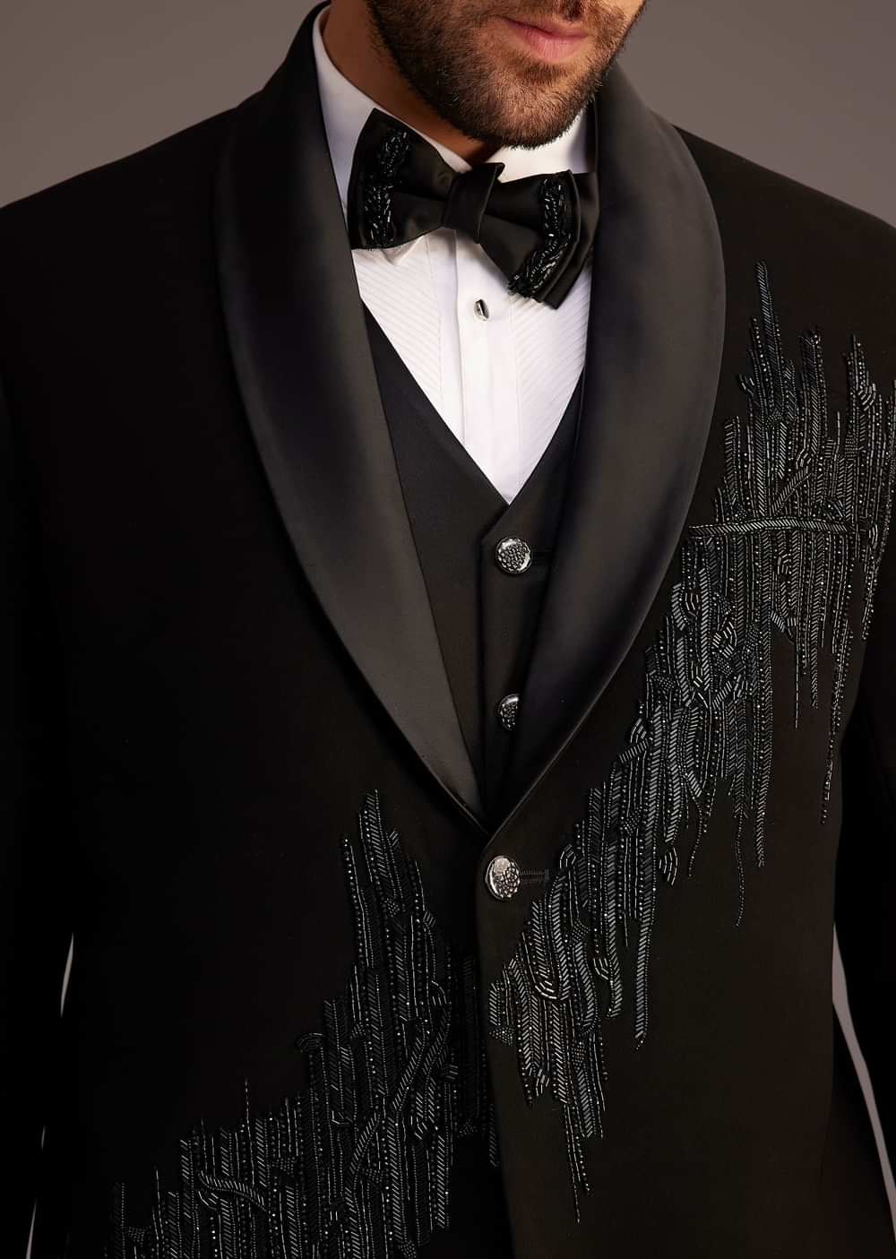 Black Tuxedo With Beaded Embellishments And Satin Lapel