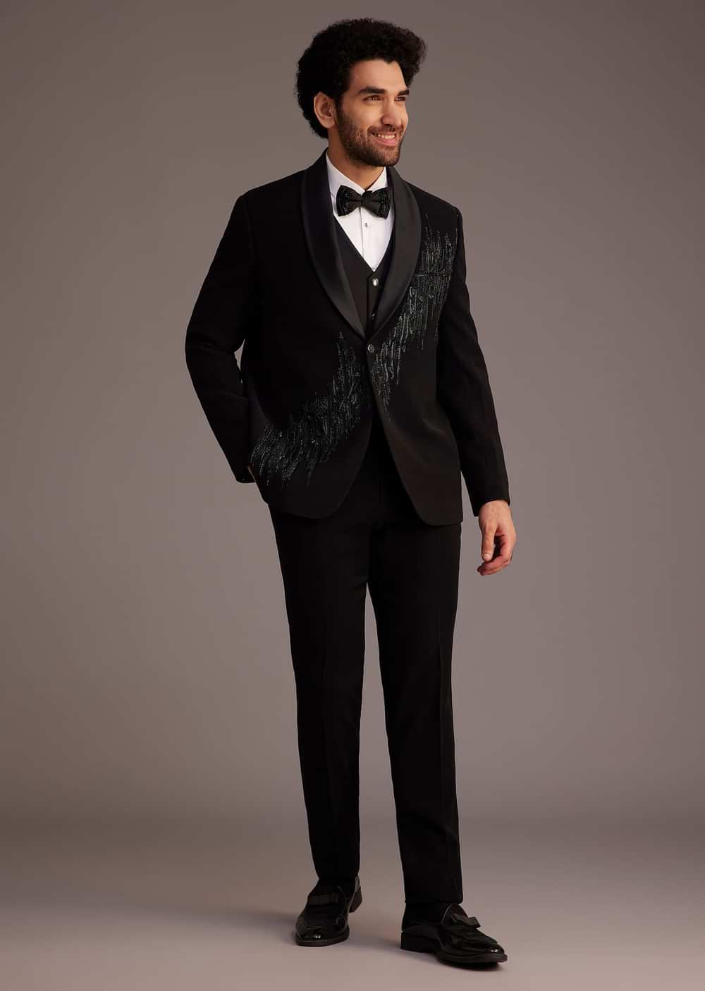Black Tuxedo With Beaded Embellishments And Satin Lapel