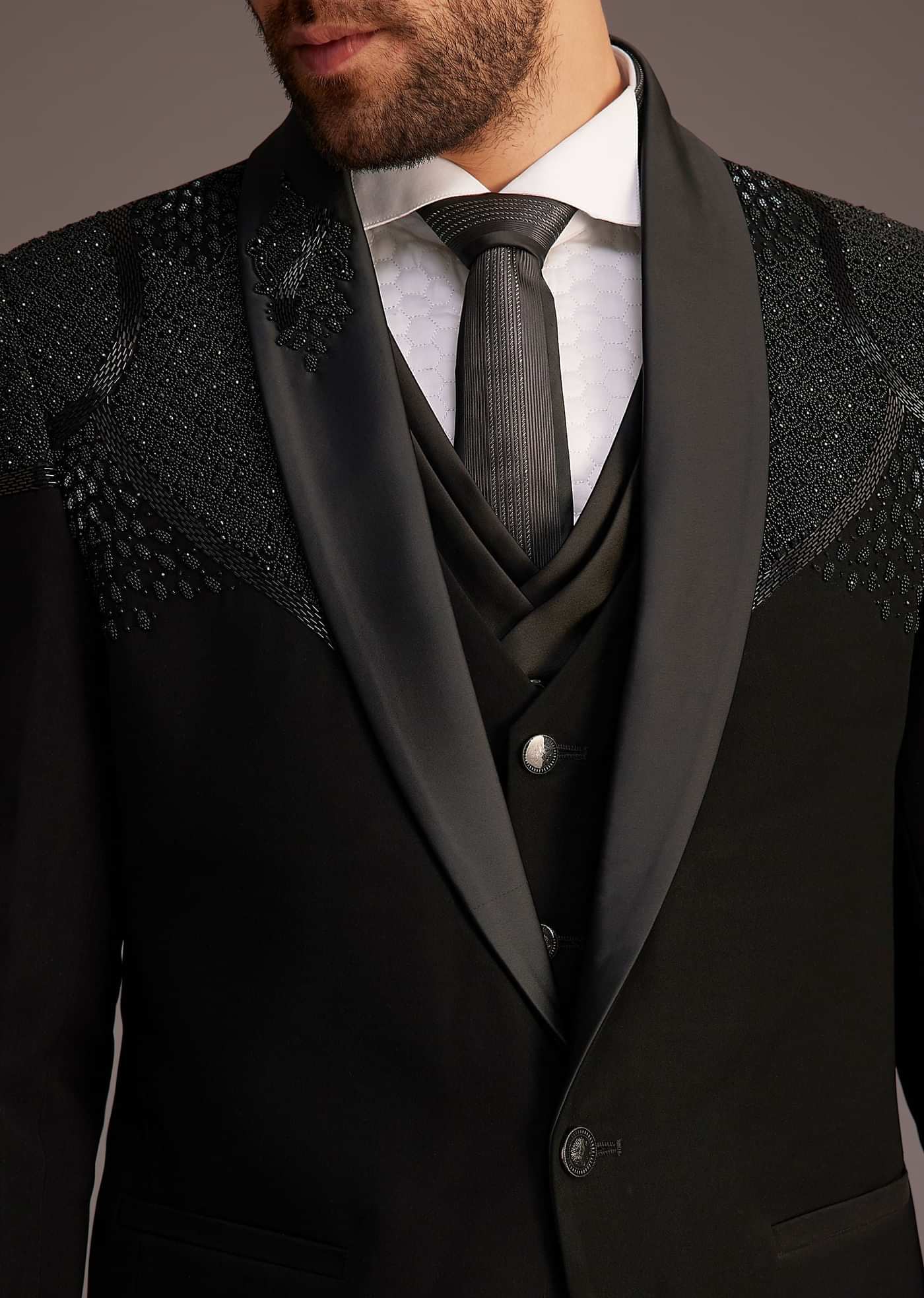 Black Tuxedo With Beaded Shoulder Detailing And Satin Lapel