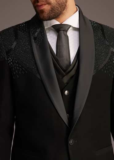 Black Tuxedo With Beaded Shoulder Detailing And Satin Lapel