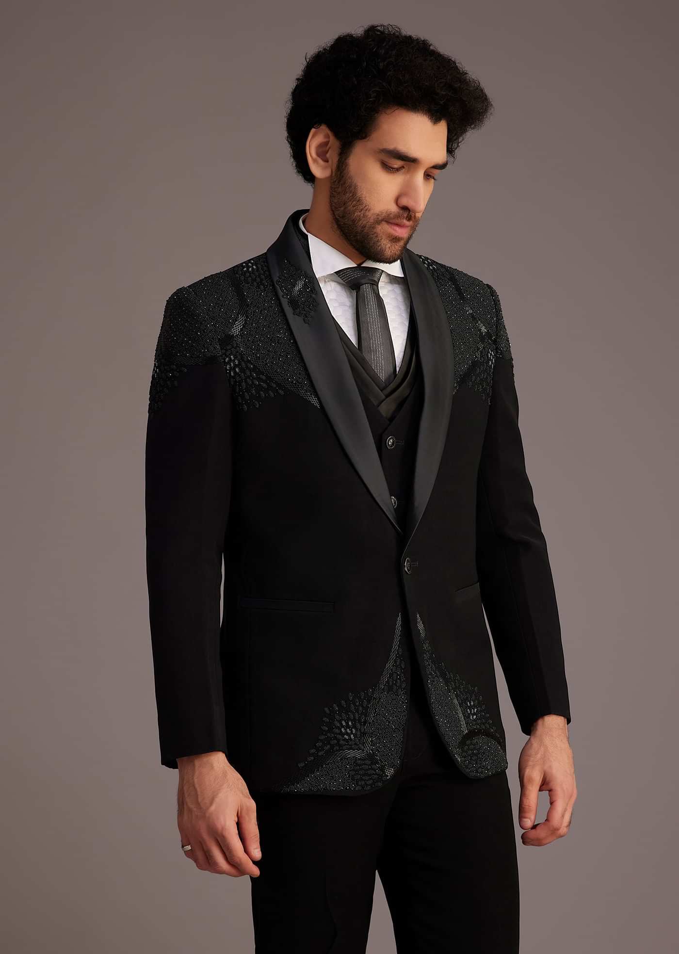 Black Tuxedo With Beaded Shoulder Detailing And Satin Lapel