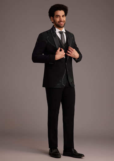 Black Tuxedo With Beaded Shoulder Detailing And Satin Lapel