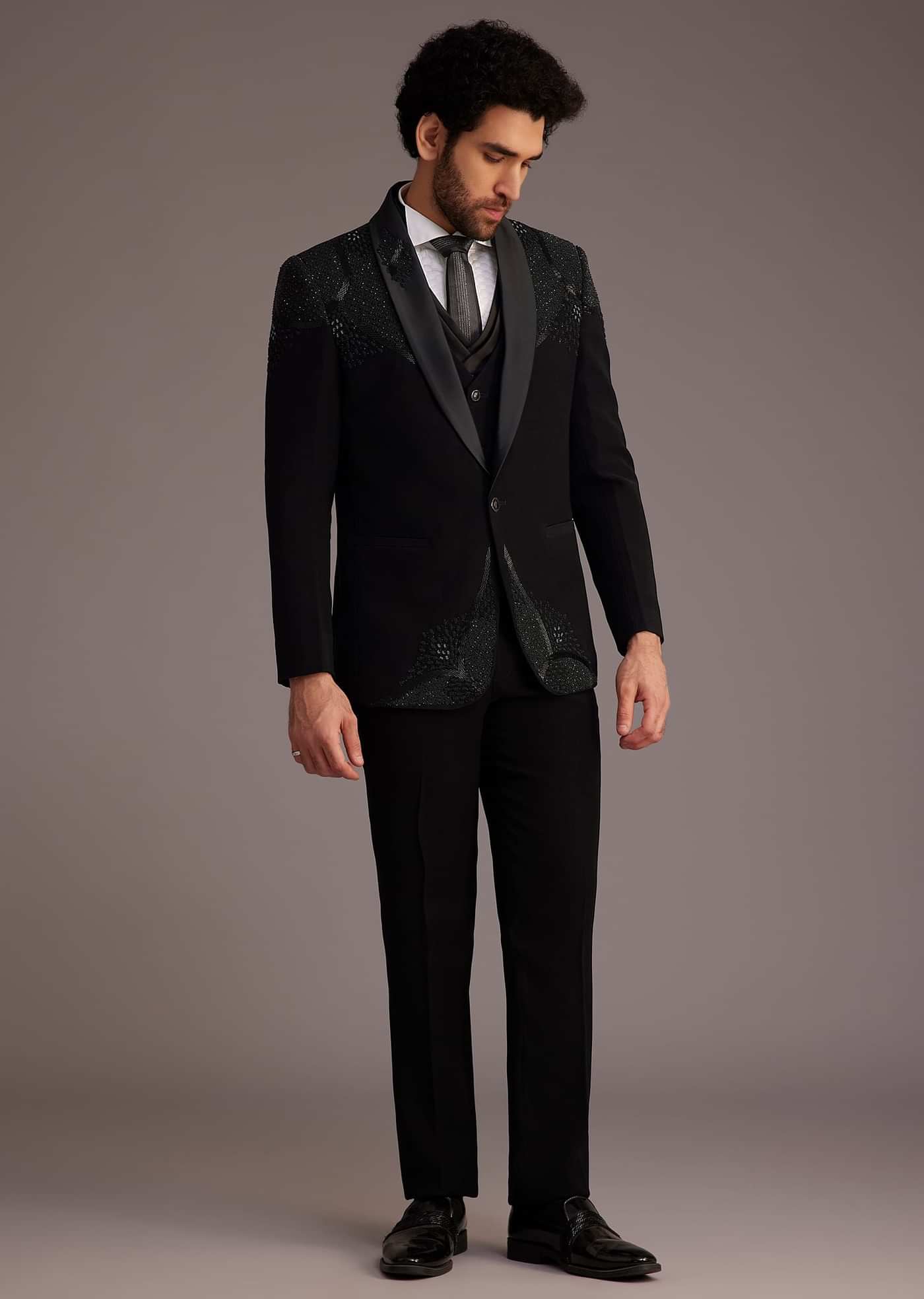 Black Tuxedo With Beaded Shoulder Detailing And Satin Lapel