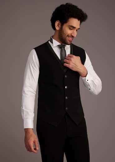 Black Tuxedo With Beaded Shoulder Detailing And Satin Lapel