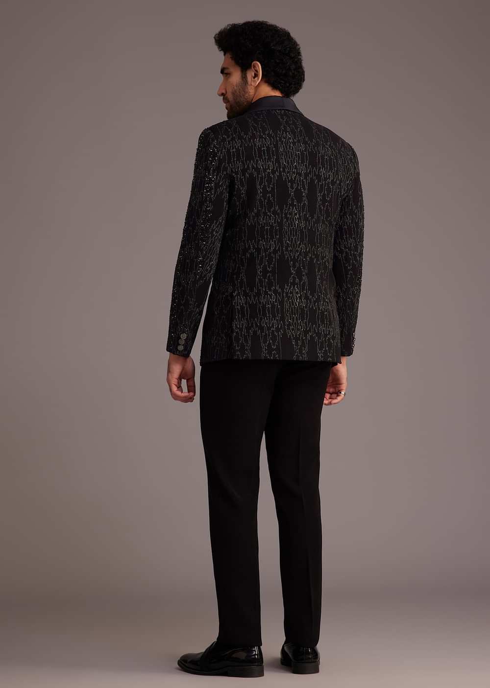 Black Tuxedo With Embellished Jacket And Satin Lapel