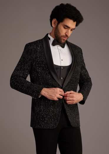 Black Tuxedo With Embellished Jacket And Satin Lapel