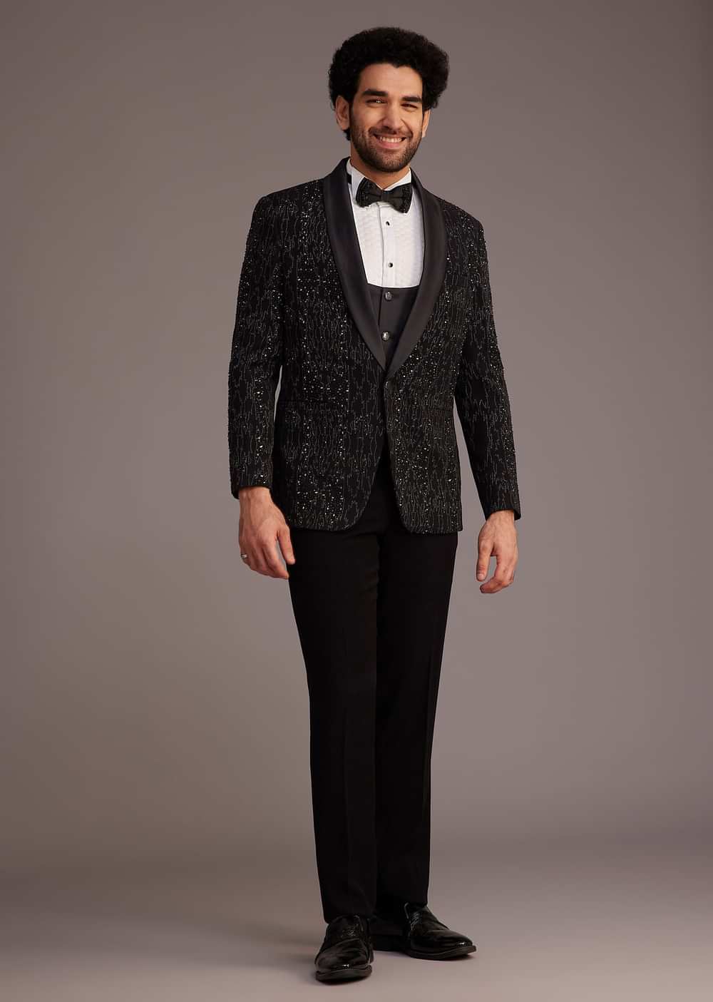 Black Tuxedo With Embellished Jacket And Satin Lapel