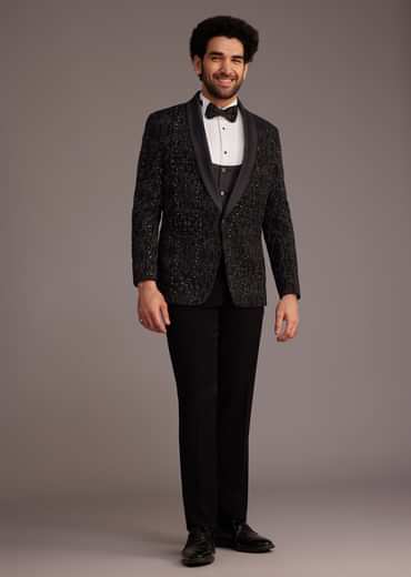 Black Tuxedo With Embellished Jacket And Satin Lapel