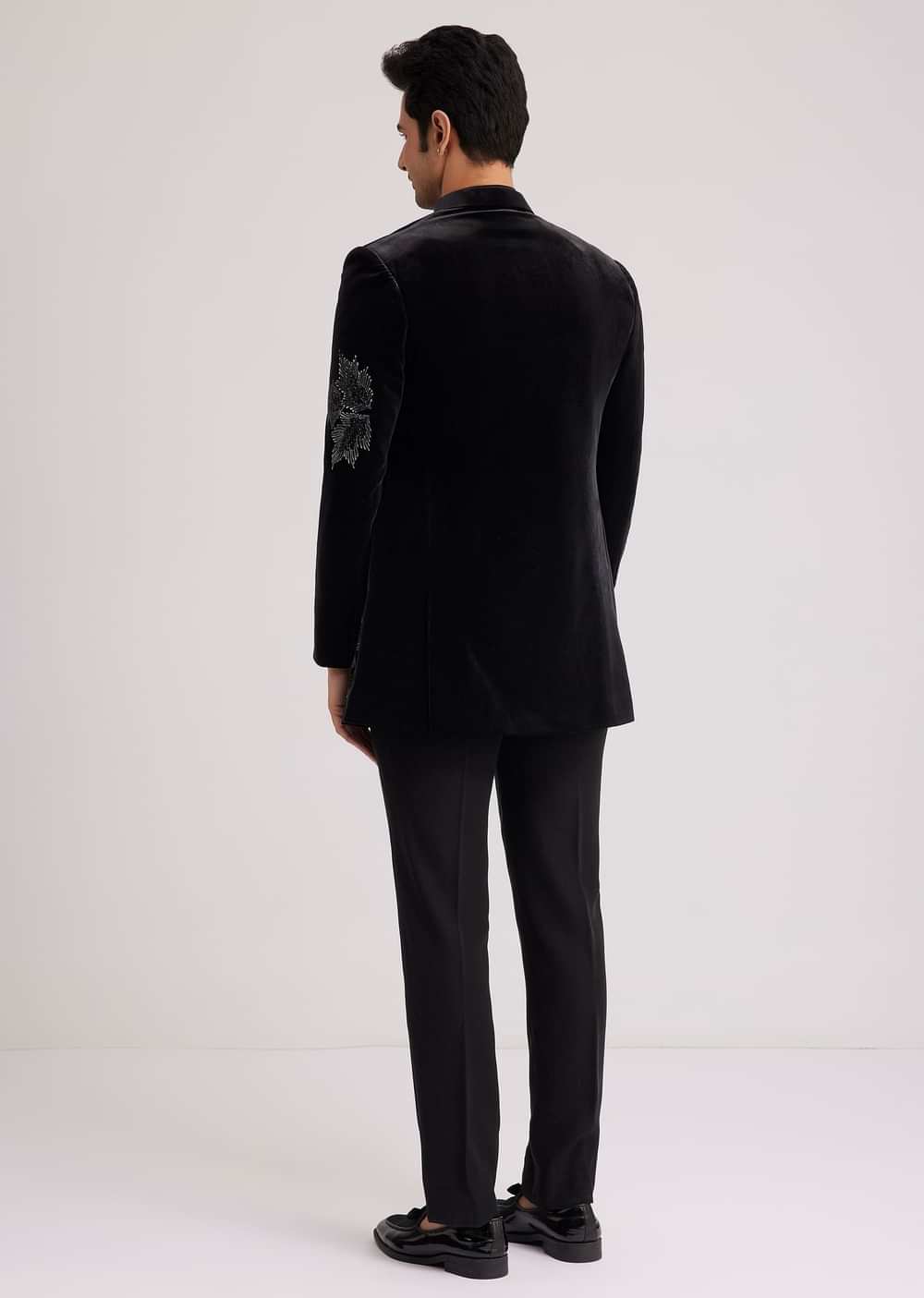 Black Velvet Indo Western Set With Abstract Motif And Cut Dana Work