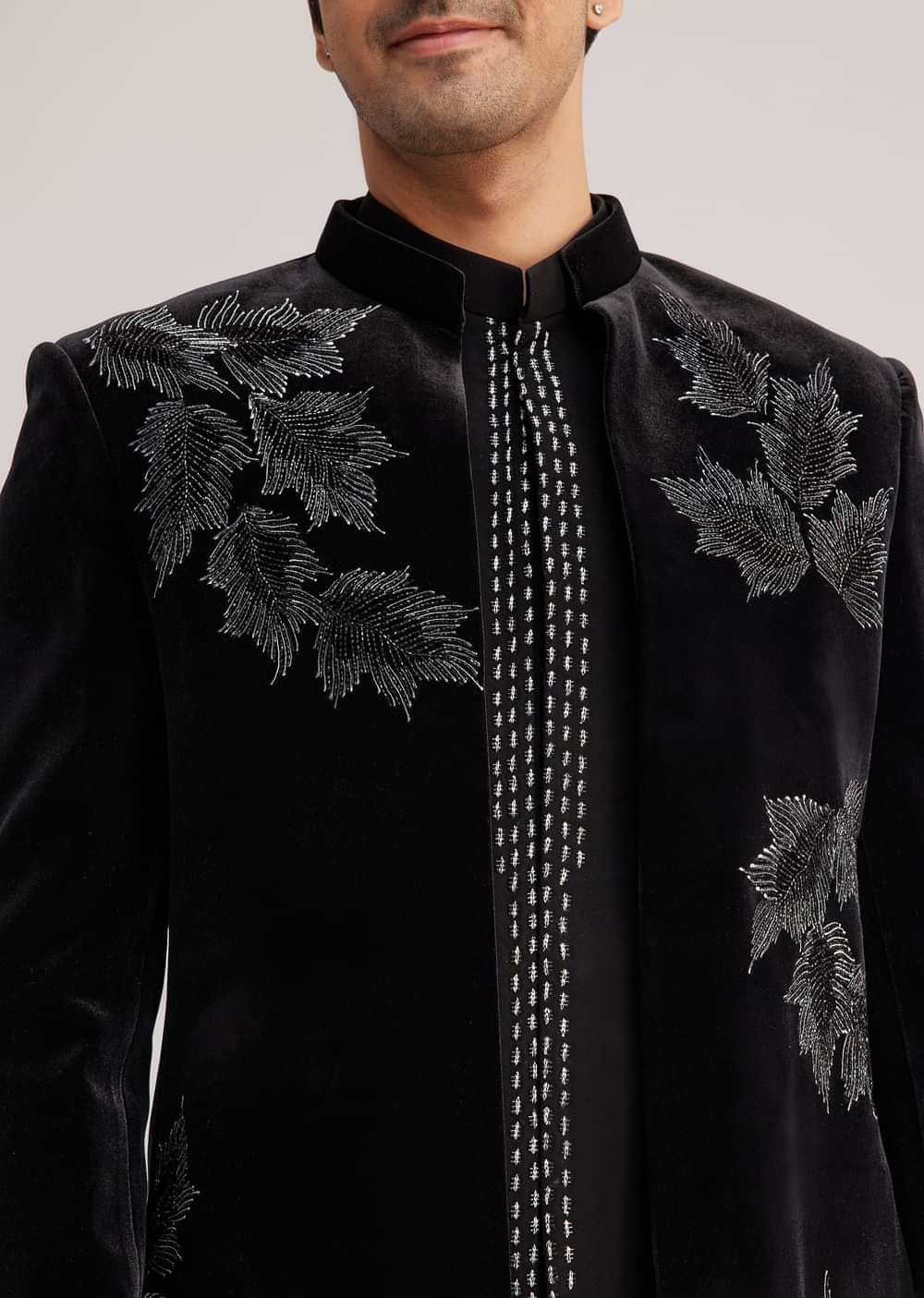 Black Velvet Indo Western Set With Abstract Motif And Cut Dana Work
