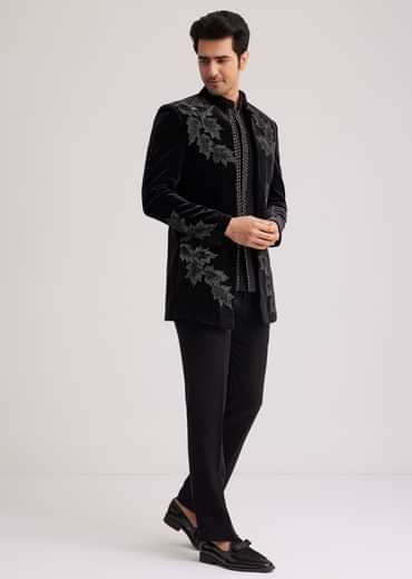 Black Velvet Indo Western Set With Abstract Motif And Cut Dana Work