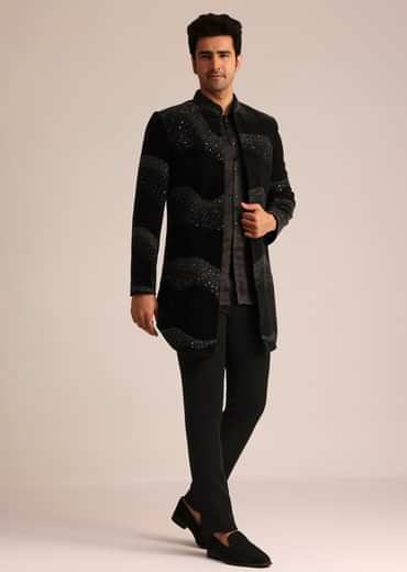 Black Velvet Indo Western Set With Zardosi Detailing