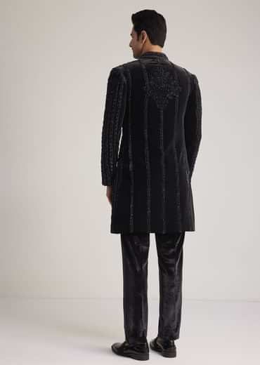 Black Velvet Indowestern Set With Cut Dana Embellishment