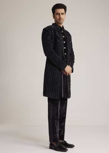 Black Velvet Indowestern Set With Cut Dana Embellishment