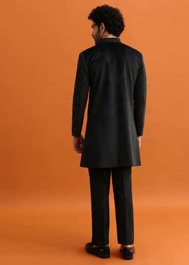 Black Velvet Indowestern Set With Hand Work For Men
