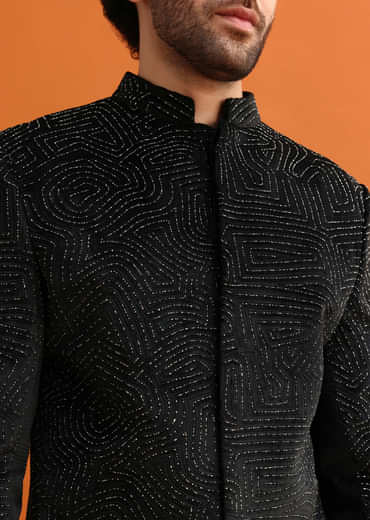 Black Velvet Indowestern Set With Hand Work For Men