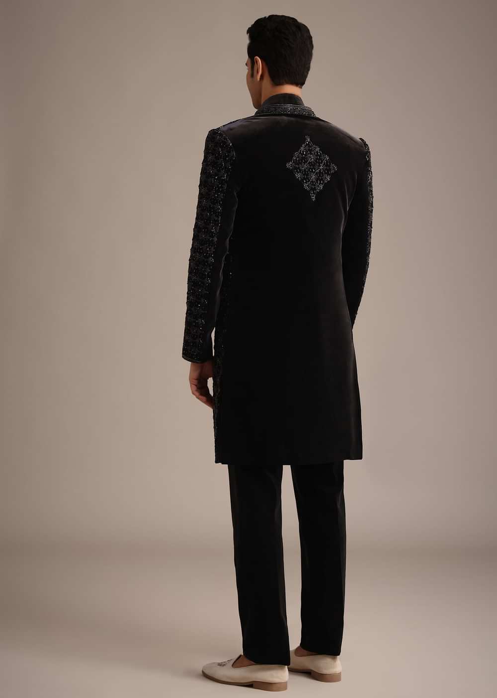 Black Velvet Indowestern Set With Sequin Work