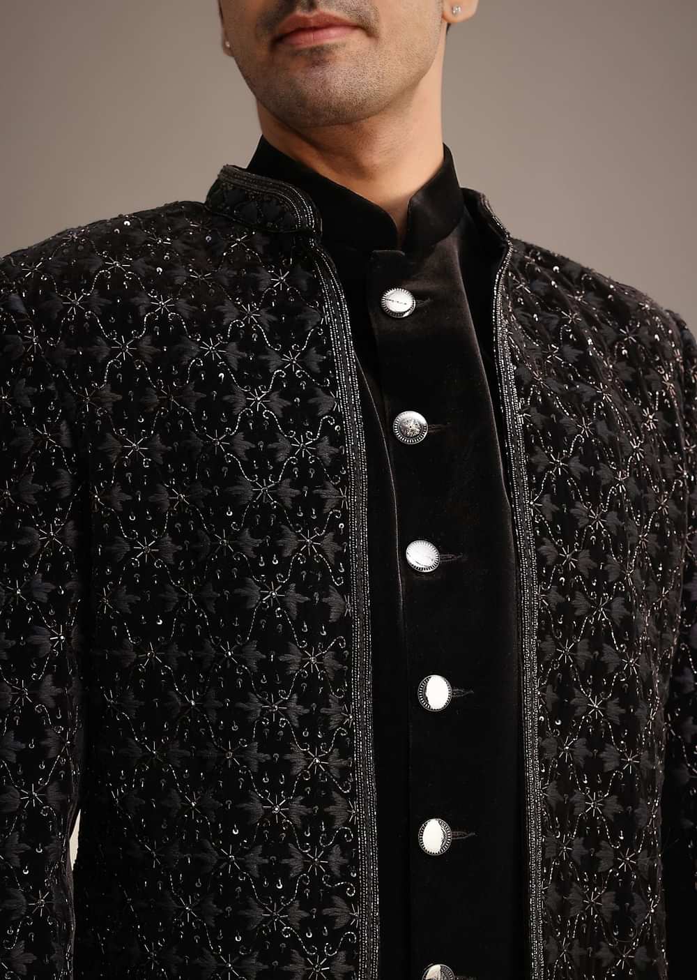 Black Velvet Indowestern Set With Sequin Work