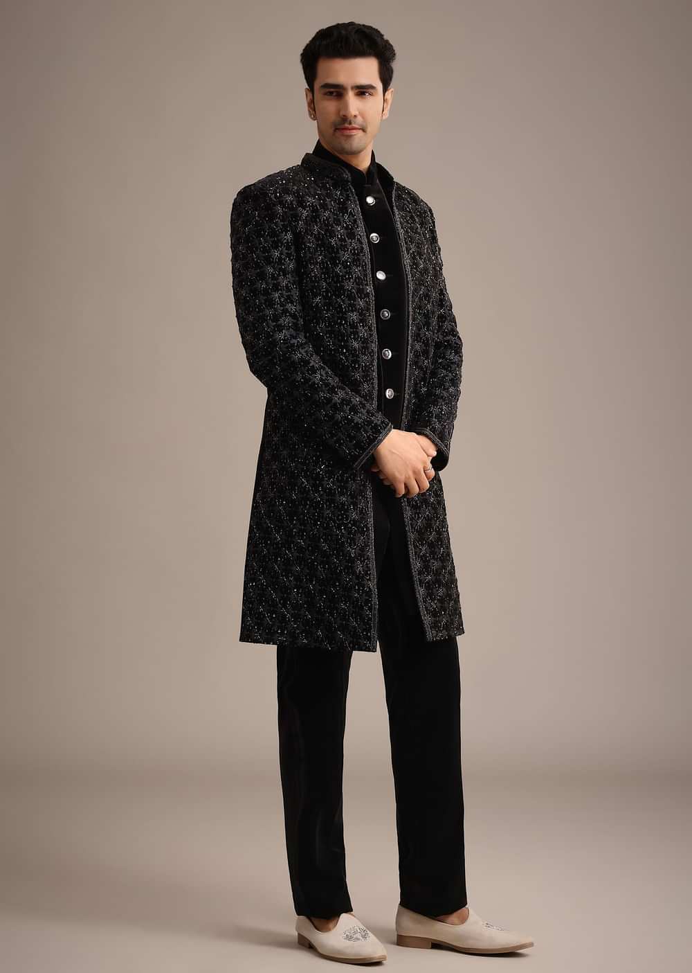 Black Velvet Indowestern Set With Sequin Work