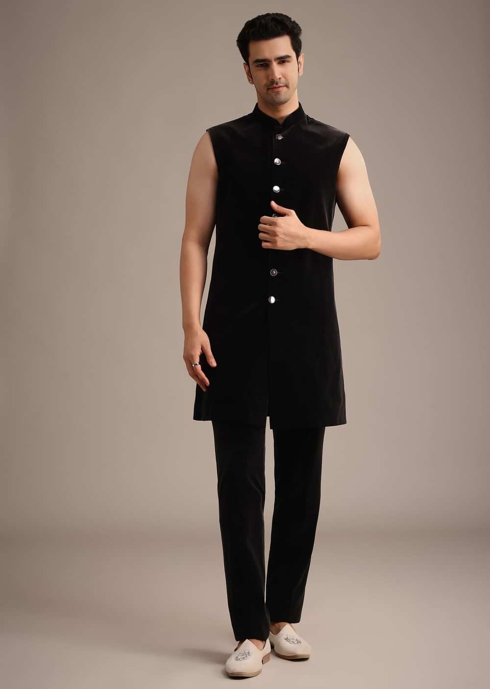 Black Velvet Indowestern Set With Sequin Work