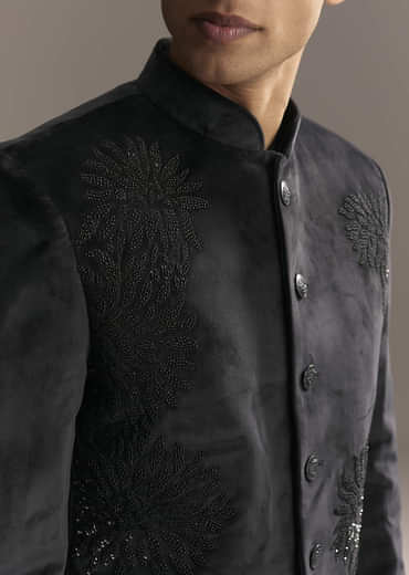 Black Velvet Jodhpuri Suit For Men With Beads And Sequins Work