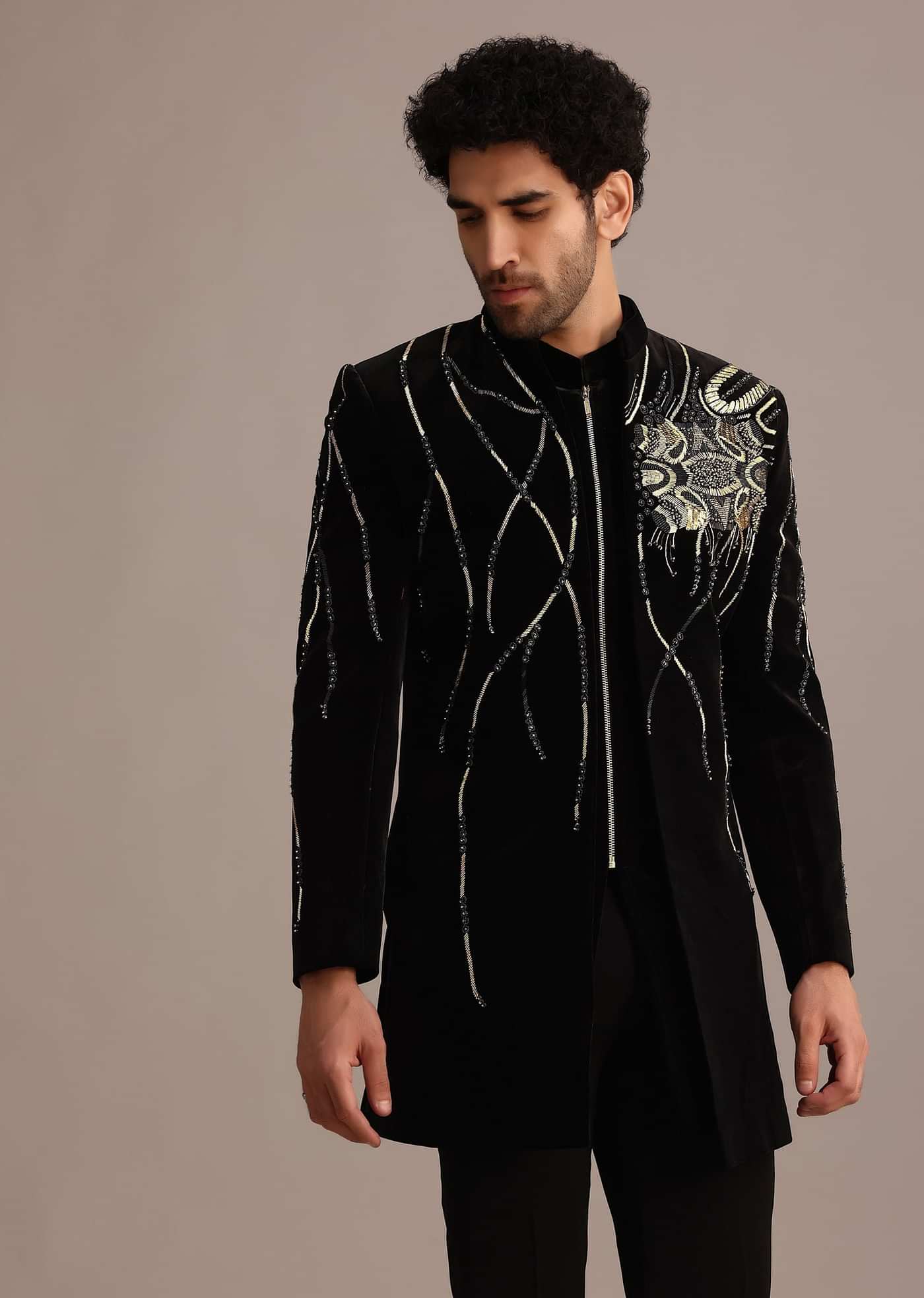 Black Zardozi Embroidered Indo Western Set in Velvet