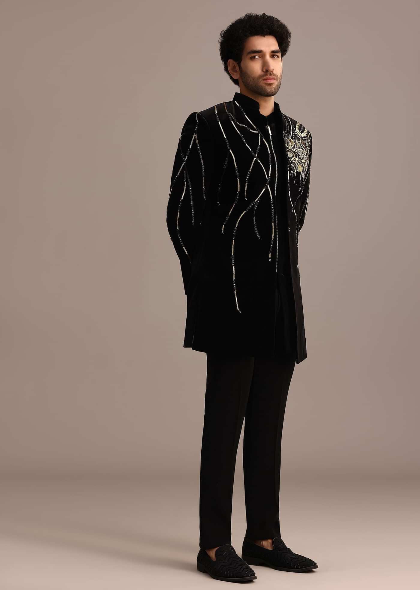 Black Zardozi Embroidered Indo Western Set in Velvet