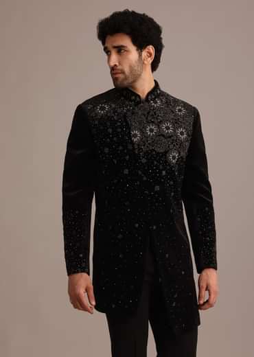 Black Zardozi Work Indo Western Set in Velvet