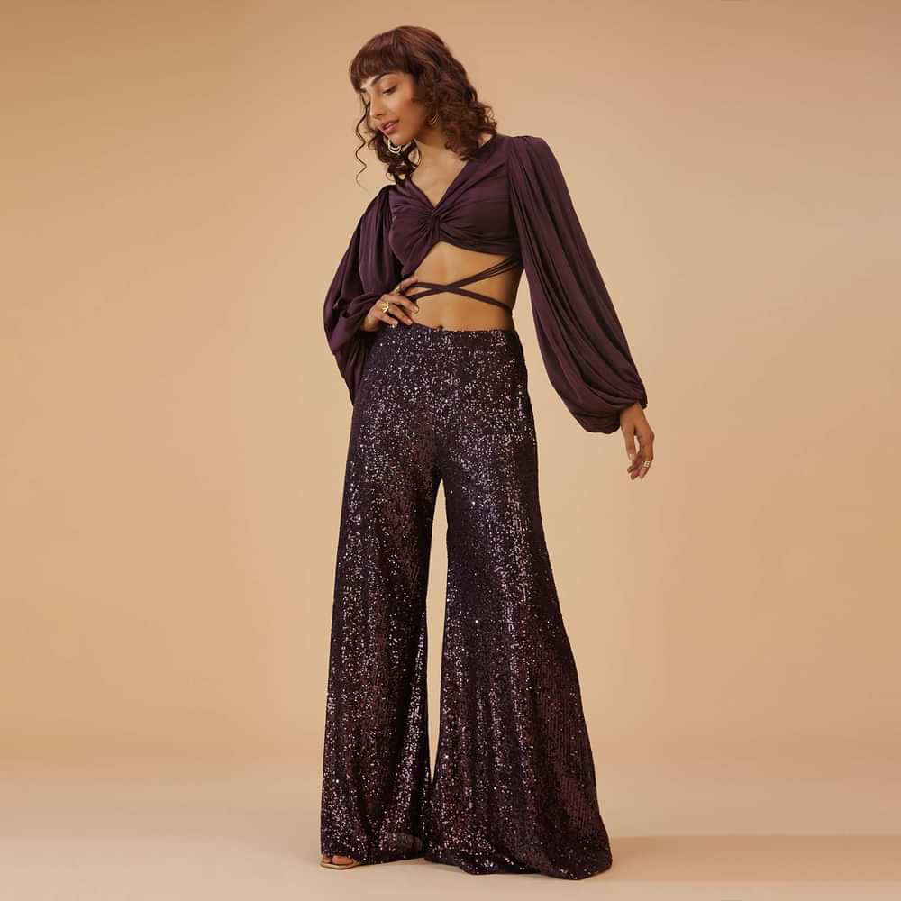 Wine Purple Palazzo And Crop-Top Set