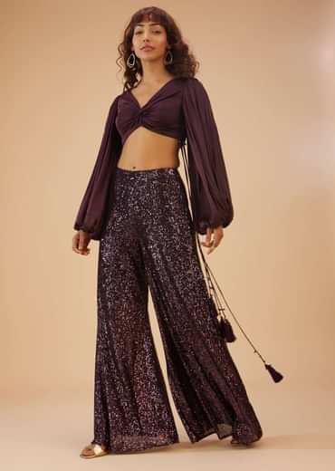 Wine Purple Palazzo And Crop-Top Set