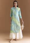 Blue And Green Cotton Kurti With Leheriya Print And Gota Work