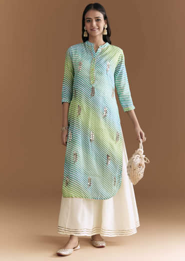 Blue And Green Cotton Kurti With Leheriya Print And Gota Work