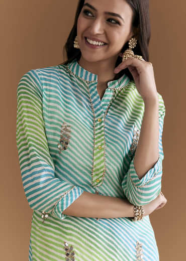 Blue And Green Cotton Kurti With Leheriya Print And Gota Work