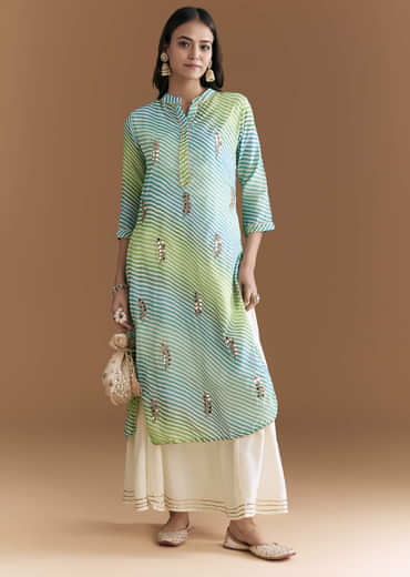 Blue And Green Cotton Kurti With Leheriya Print And Gota Work