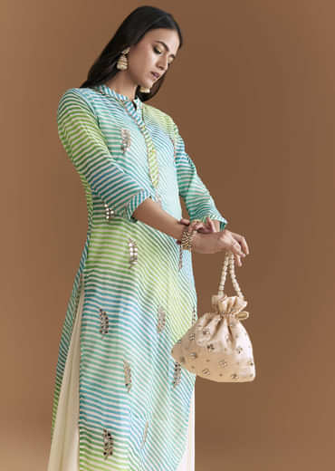 Blue And Green Cotton Kurti With Leheriya Print And Gota Work