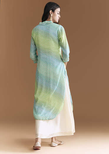 Blue And Green Cotton Kurti With Leheriya Print And Gota Work