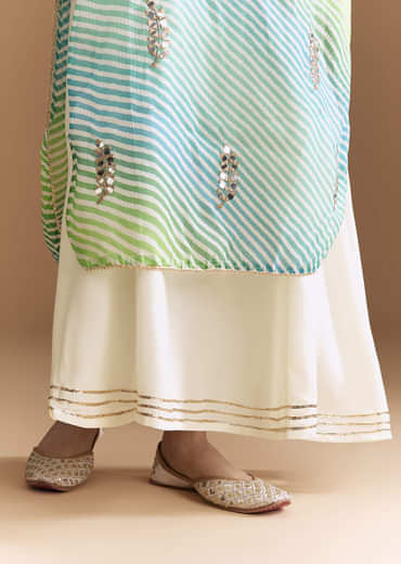 Blue And Green Cotton Kurti With Leheriya Print And Gota Work