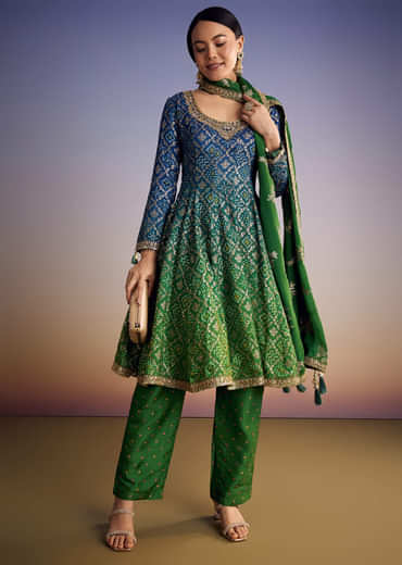 Blue And Green Ombre Bandhani Anarkali Suit With Zardosi Neckline