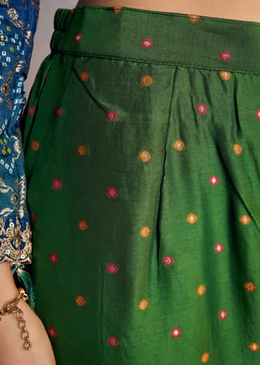 Blue And Green Ombre Bandhani Anarkali Suit With Zardosi Neckline