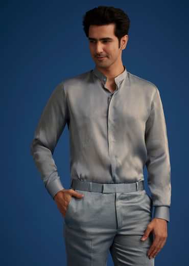 Blue Banarasi Silk Jodhpuri Suit With Pin Tuck Double Collar
