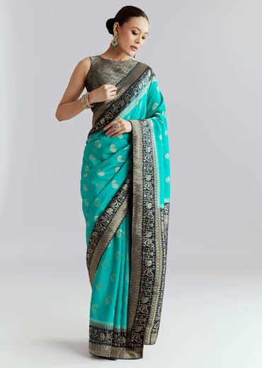 Blue Banarasi Silk Woven Saree With Zari Paisley Motifs