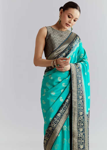 Blue Banarasi Silk Woven Saree With Zari Paisley Motifs