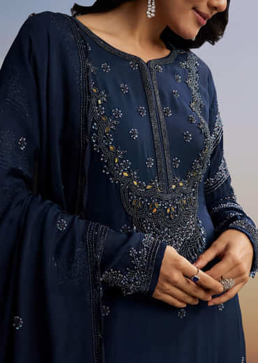 Blue Beaded Anarkali Set With Dupatta