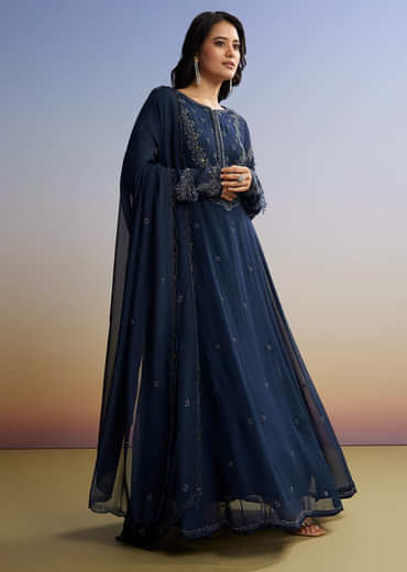 Blue Beaded Anarkali Set With Dupatta