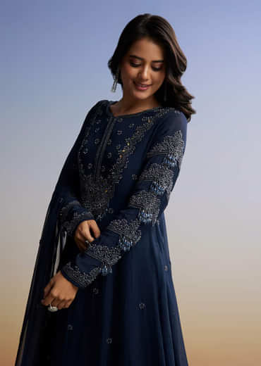 Blue Beaded Anarkali Set With Dupatta