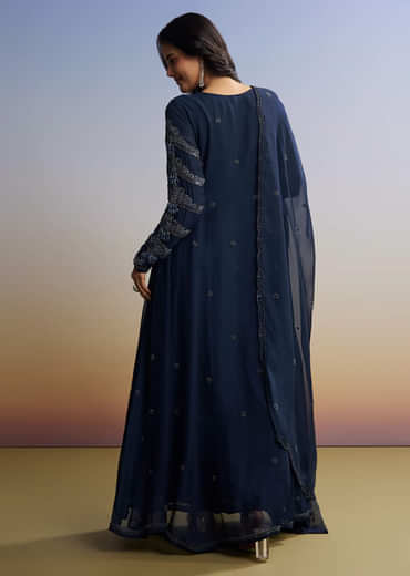 Blue Beaded Anarkali Set With Dupatta